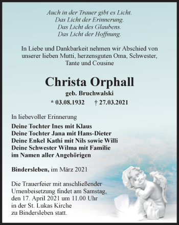 Traueranzeige von Christa Orphall von Thüringer Allgemeine, Thüringische Landeszeitung