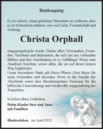 Traueranzeige von Christa Orphall von Thüringer Allgemeine, Thüringische Landeszeitung