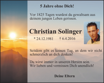 Traueranzeige von Christian Solinger von Thüringer Allgemeine, Thüringische Landeszeitung