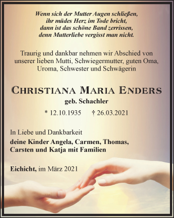 Traueranzeige von Christiana Maria Enders von Ostthüringer Zeitung