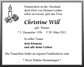 Traueranzeige von Christine Will von Thüringer Allgemeine, Thüringische Landeszeitung