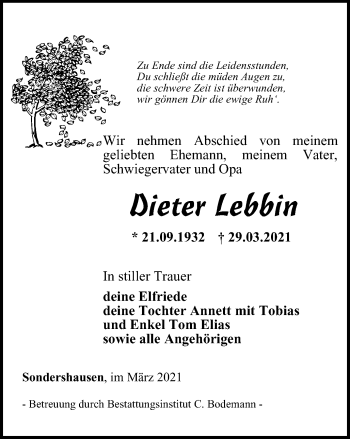 Traueranzeige von Dieter Lebbin