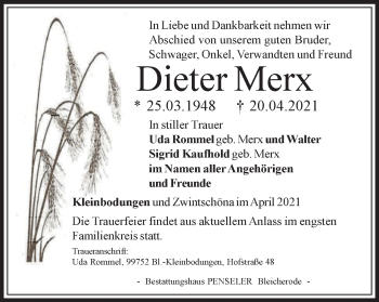 Traueranzeige von Dieter Merx von Thüringer Allgemeine
