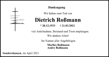 Traueranzeige von Dietrich Roßmann