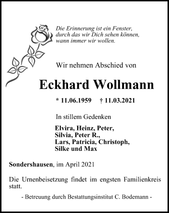 Traueranzeige von Eckhard Wollmann