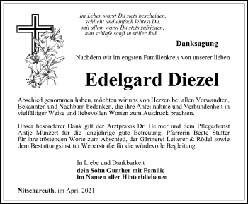 Traueranzeige von Edelgard Diezel von Ostthüringer Zeitung