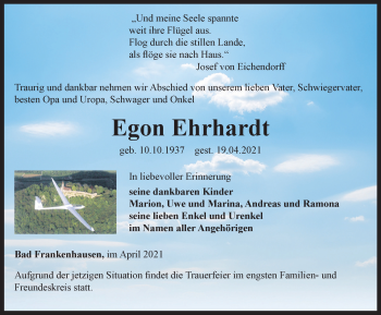Traueranzeige von Egon Ehrhardt von Thüringer Allgemeine