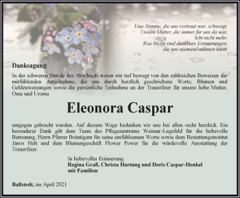 Traueranzeige von Eleonora Caspar von Thüringer Allgemeine, Thüringische Landeszeitung