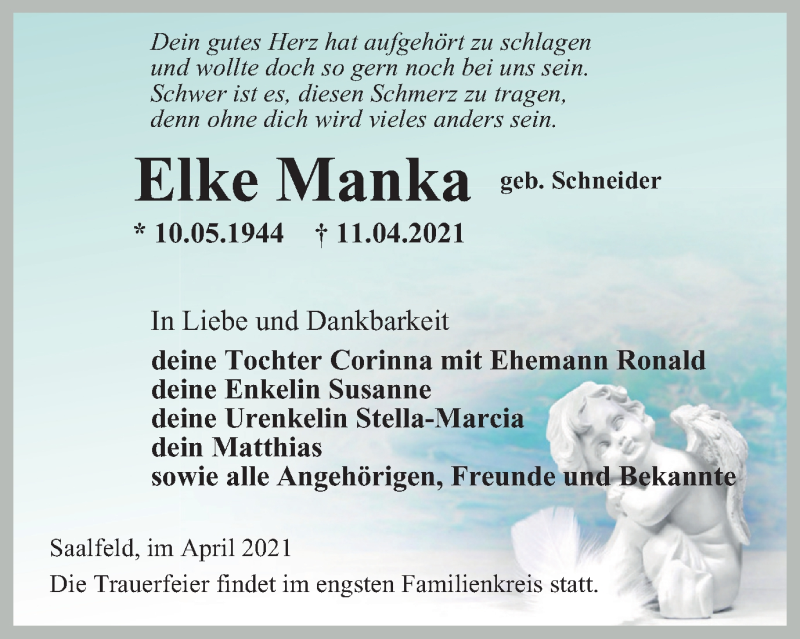  Traueranzeige für Elke Manka vom 24.04.2021 aus Ostthüringer Zeitung