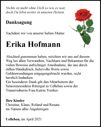 Traueranzeige von Erika Hofmann von Thüringer Allgemeine, Thüringische Landeszeitung