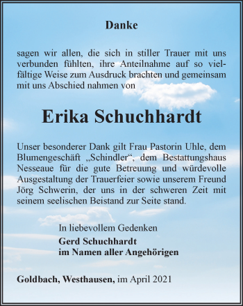 Traueranzeige von Erika Schuchhardt von Thüringer Allgemeine, Thüringische Landeszeitung