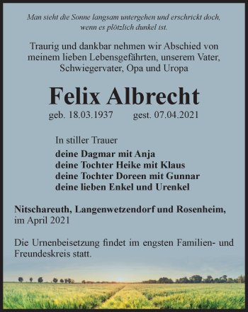 Traueranzeige von Felix Albrecht von Ostthüringer Zeitung