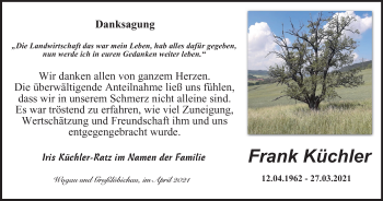 Traueranzeige von Frank Küchler von Ostthüringer Zeitung