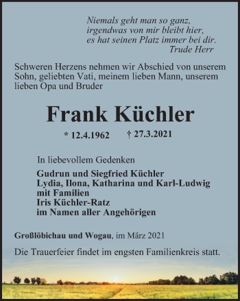 Traueranzeige von Frank Küchler von Ostthüringer Zeitung, Thüringische Landeszeitung