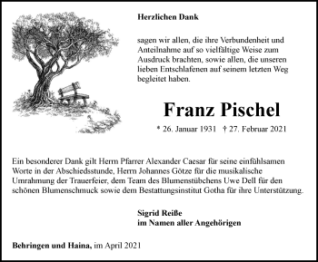 Traueranzeige von Franz Pischel von Thüringer Allgemeine, Thüringische Landeszeitung