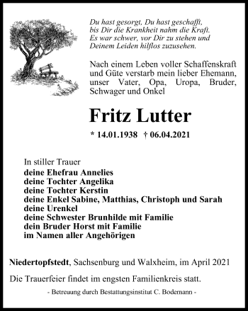 Traueranzeige von Fritz Lutter