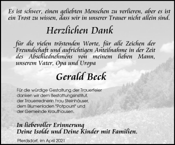 Traueranzeige von Gerald Beck von Thüringer Allgemeine, Thüringische Landeszeitung