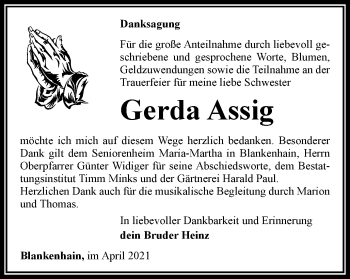 Traueranzeige von Gerda Assig