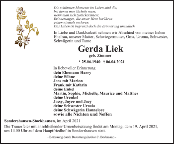 Traueranzeige von Gerda Liek