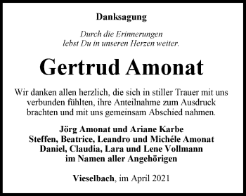 Traueranzeige von Gertrud Amonat von Thüringer Allgemeine, Thüringische Landeszeitung