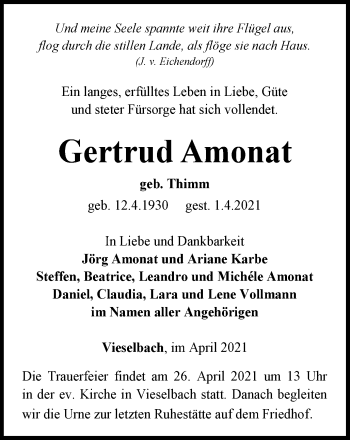 Traueranzeige von Gertrud Amonat von Thüringer Allgemeine, Thüringische Landeszeitung