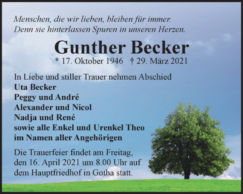  Traueranzeige für Gunther Becker vom 10.04.2021 aus Thüringer Allgemeine, Thüringische Landeszeitung