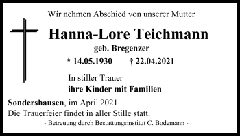 Traueranzeige von Hanna-Lore Teichmann