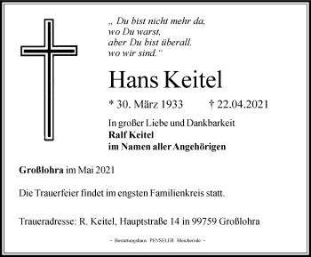 Traueranzeige von Hans Keitel von Thüringer Allgemeine