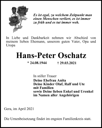 Traueranzeige von Hans-Peter Oschatz von Ostthüringer Zeitung