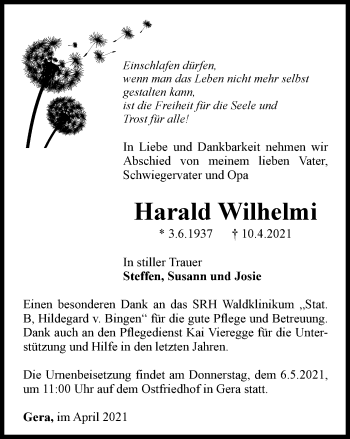 Traueranzeige von Harald Wilhelmi von Ostthüringer Zeitung