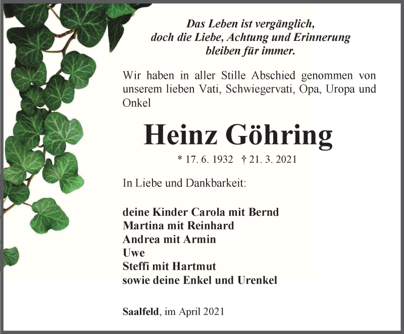  Traueranzeige für Heinz Göhring vom 10.04.2021 aus Ostthüringer Zeitung