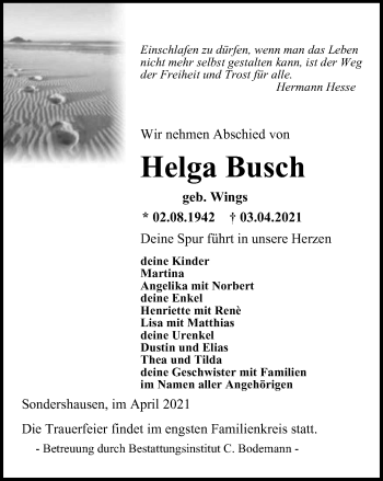 Traueranzeige von Helga Busch