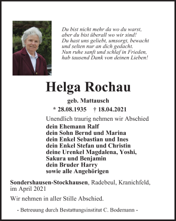 Traueranzeige von Helga Rochau