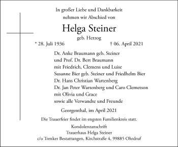 Traueranzeige von Helga Steiner von Thüringer Allgemeine, Thüringische Landeszeitung