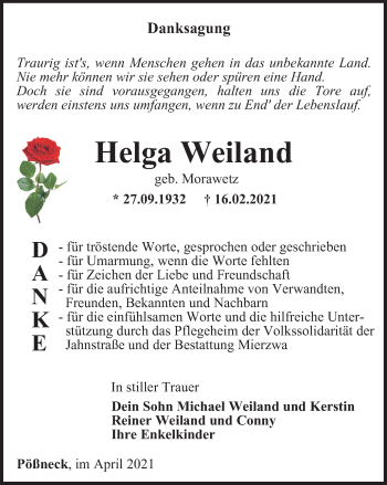 Traueranzeige von Helga Weiland von Ostthüringer Zeitung