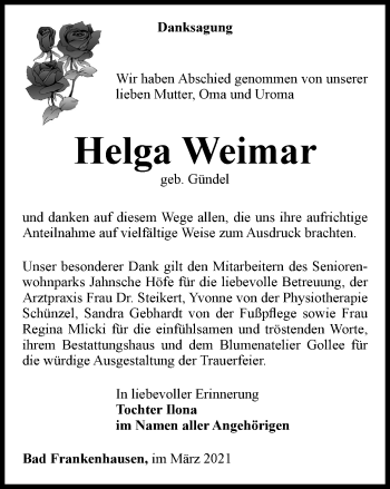 Traueranzeige von Helga Weimar von Thüringer Allgemeine