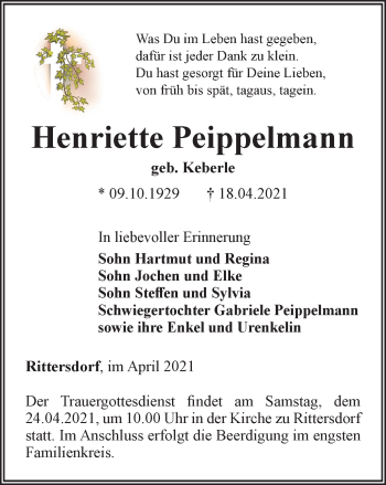 Traueranzeige von Henriette Peippelmann