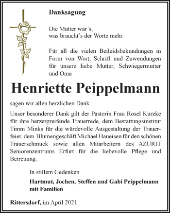 Traueranzeige von Henriette Peippelmann