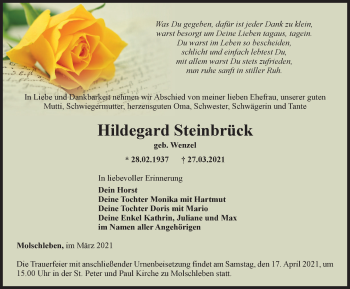 Traueranzeige von Hildegard Steinbrück von Thüringer Allgemeine, Thüringische Landeszeitung