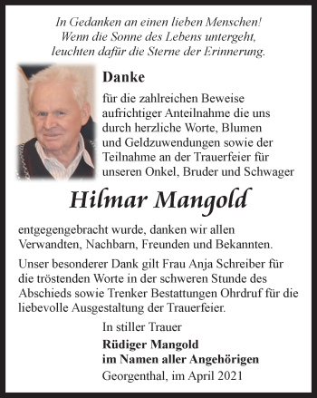 Traueranzeige von Hilmar Mangold von Thüringer Allgemeine, Thüringische Landeszeitung