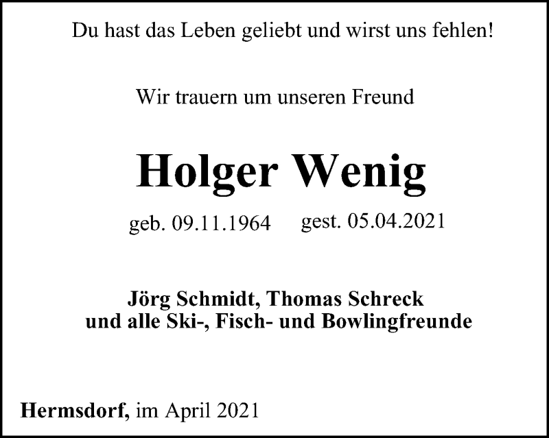  Traueranzeige für Holger Wenig vom 30.04.2021 aus Ostthüringer Zeitung