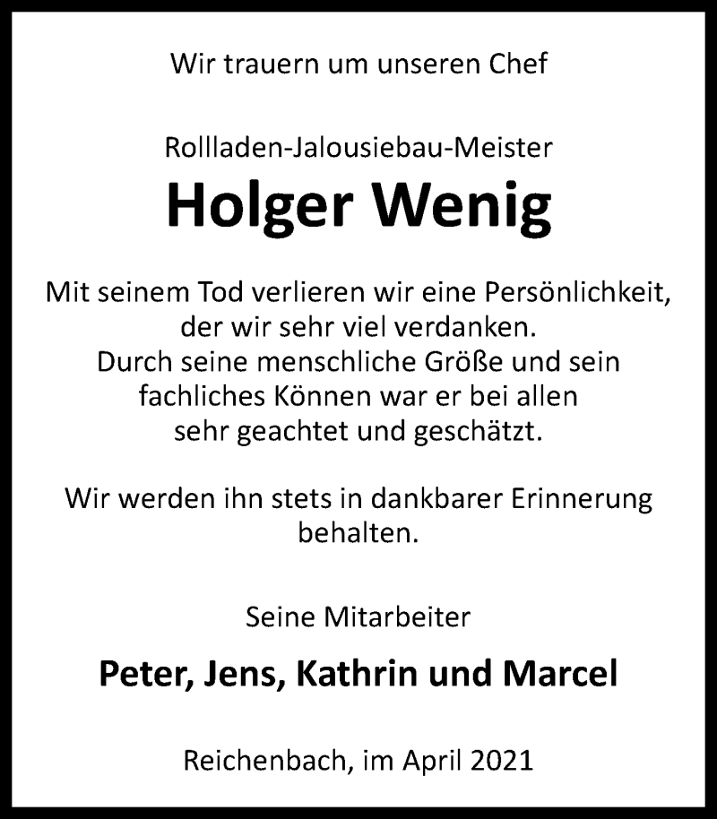  Traueranzeige für Holger Wenig vom 24.04.2021 aus Ostthüringer Zeitung