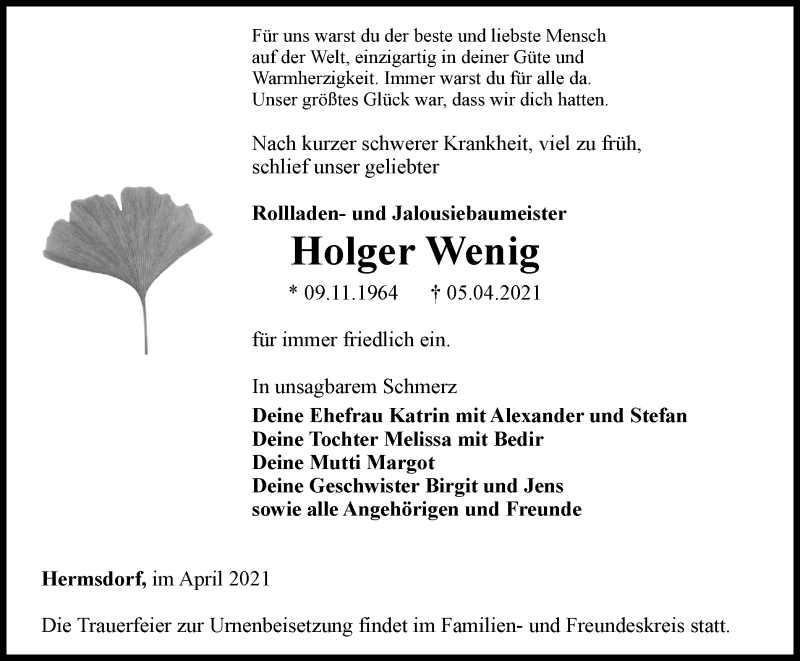  Traueranzeige für Holger Wenig vom 17.04.2021 aus Ostthüringer Zeitung