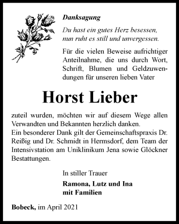 Traueranzeige von Horst Lieber von Ostthüringer Zeitung