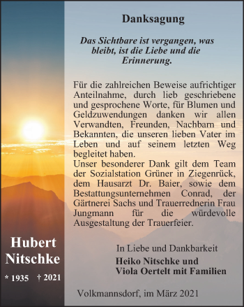 Traueranzeige von Hubert Nitschke von Ostthüringer Zeitung