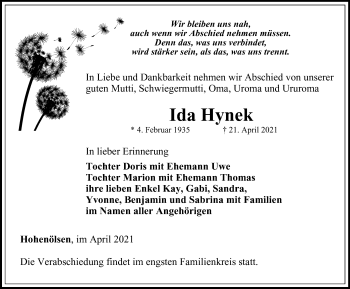 Traueranzeige von Ida Hynek von Ostthüringer Zeitung