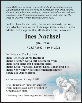 Traueranzeige von Ines Nachsel