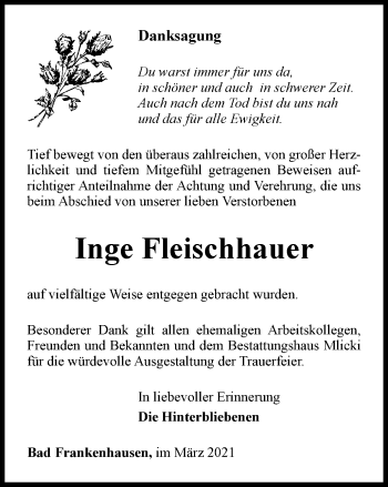 Traueranzeige von Inge Fleischhauer von Thüringer Allgemeine