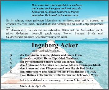 Traueranzeige von Ingeborg Acker von Ostthüringer Zeitung