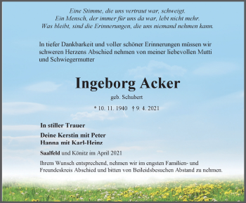 Traueranzeige von Ingeborg Acker von Ostthüringer Zeitung